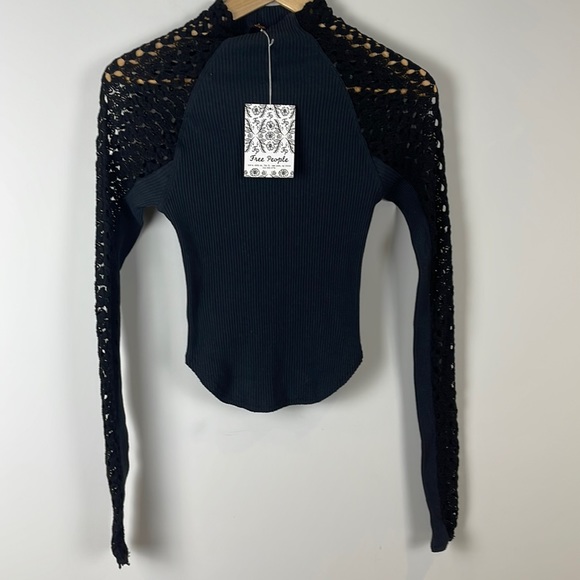 Free People Black Rib and Lace Turtleneck Layering Top Size Extra Small - Picture 2 of 8